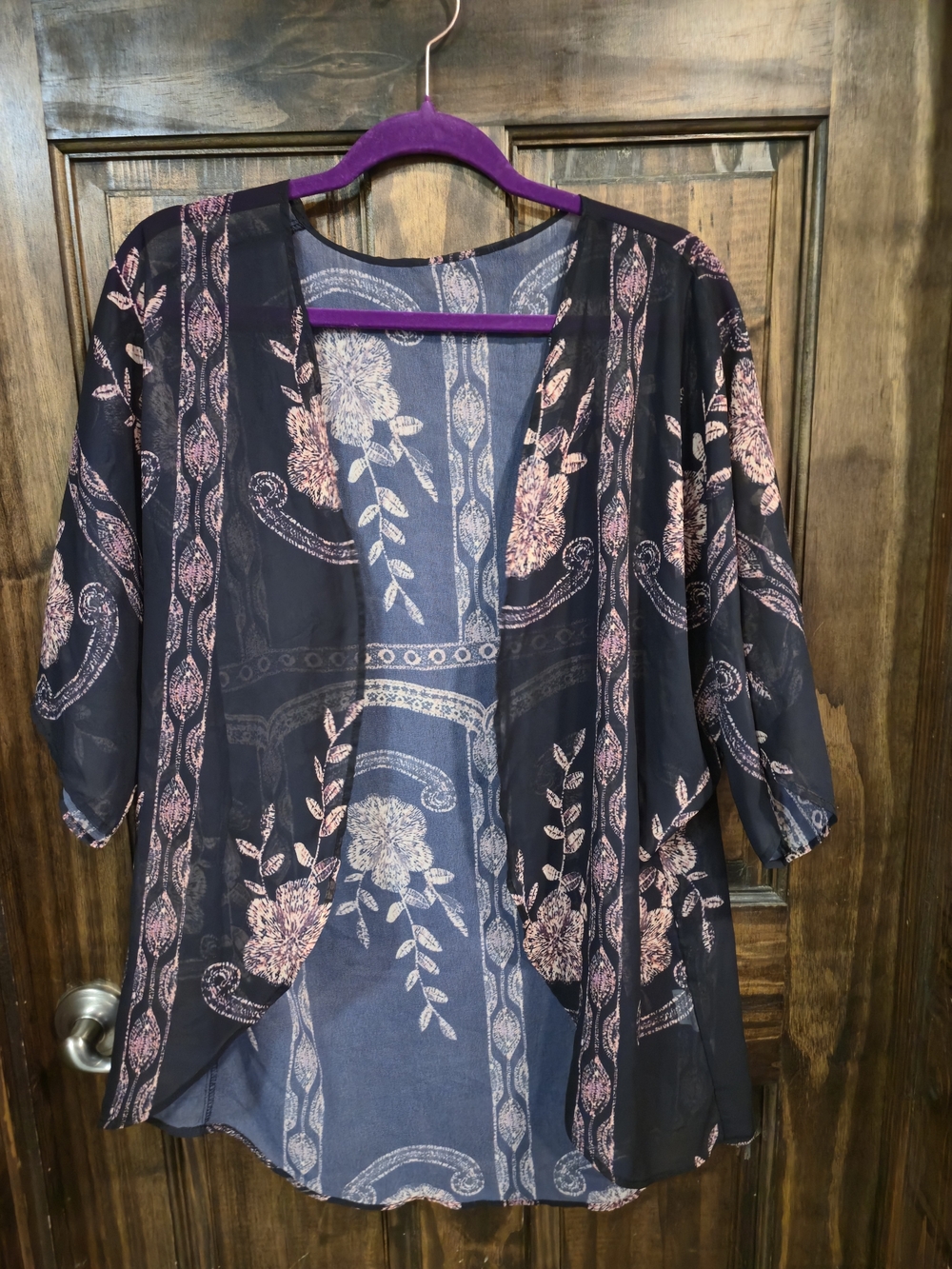 Sheer Open-Front Floral Tunic Kimono - Black with Pink Floral
